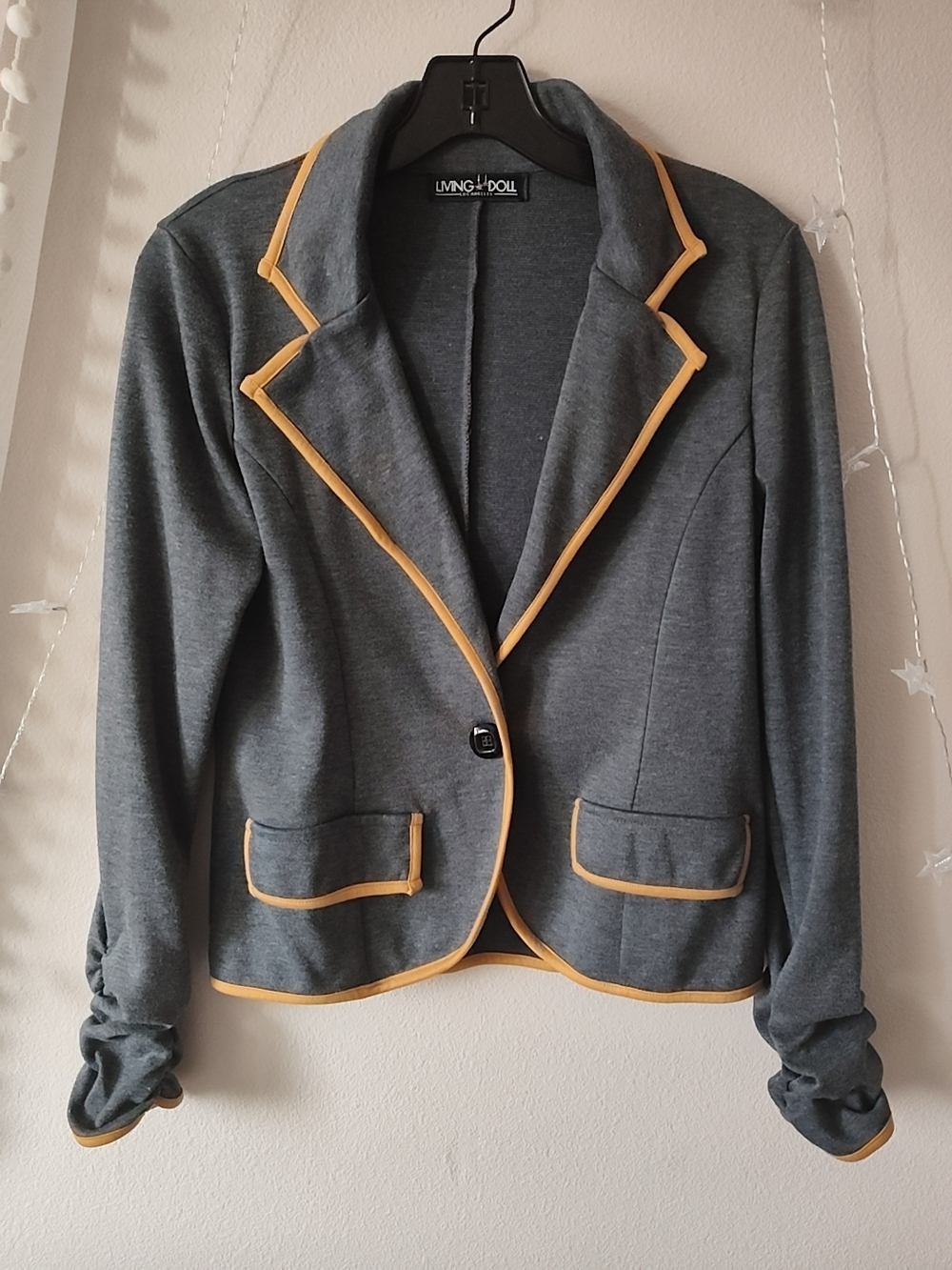 Living Doll Women's Gray Blazer Jacket with Yellow Trim